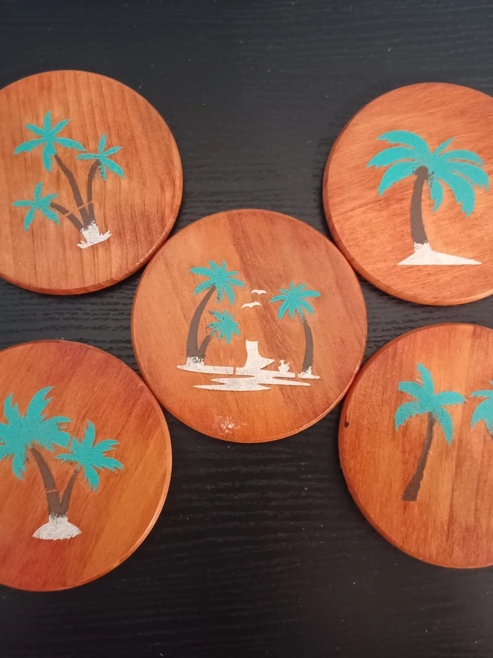 Handmade Wooden Palm Tree Coasters - Turquoise & Brown Set of 5